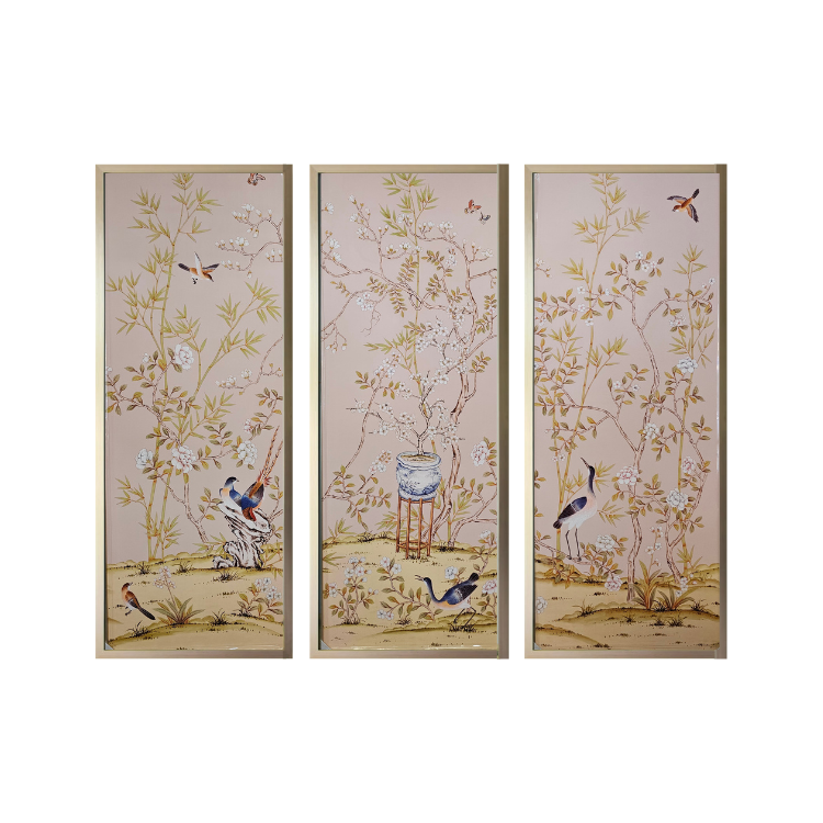 Custom Chinoiserie Handpainted Framed Wallpaper Panels (Triptych) Chai ...